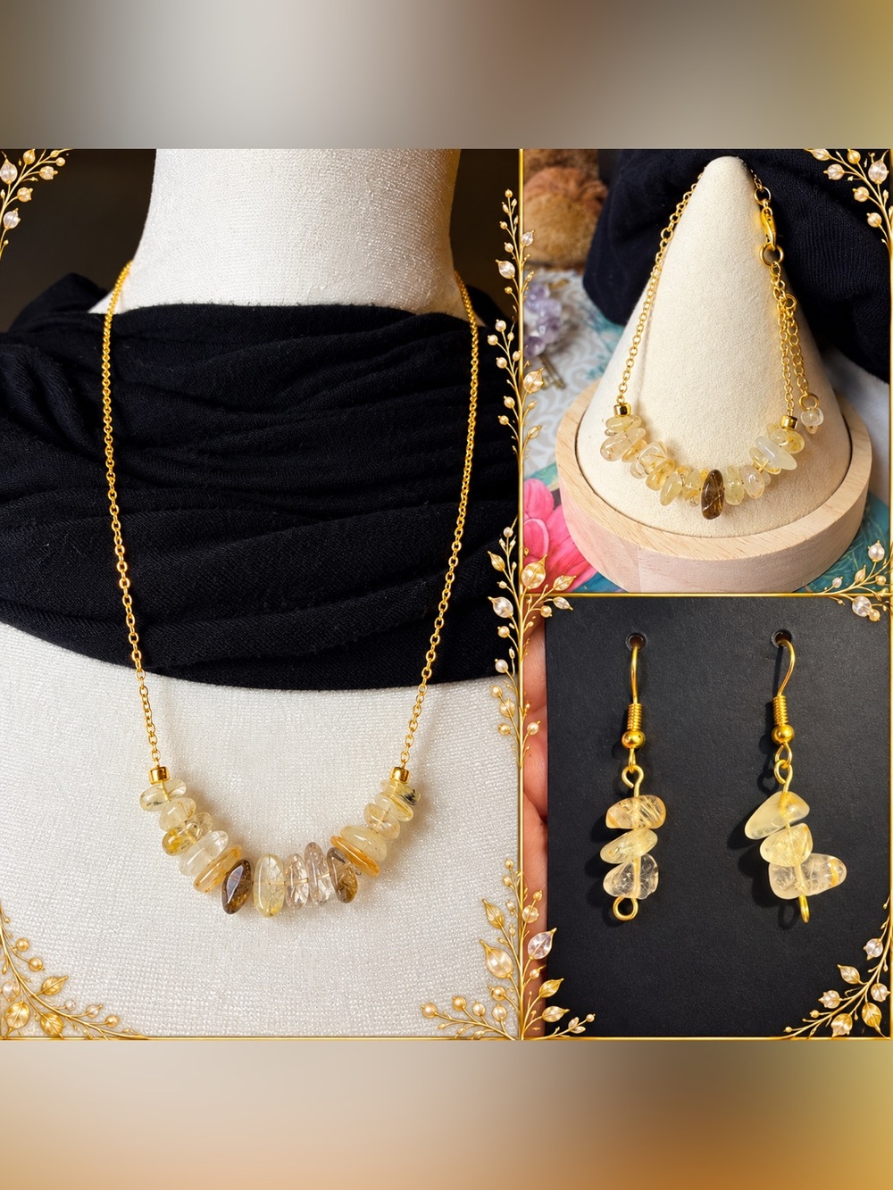 ✨ Handmade 3-Piece Natural Golden Rutilated Quartz Jewelry Set ✨